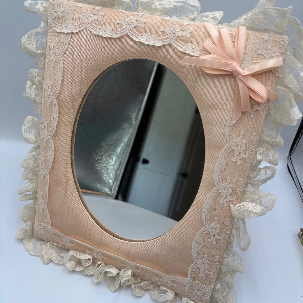 Vintage 80s Shabby Chic Peach Moire Silk Lace Ruffle Tabletop Frame Mirror